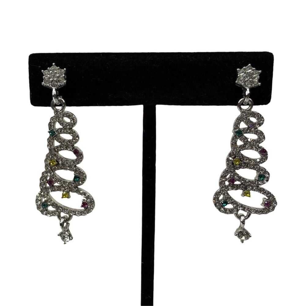 Christmas Tree Dangle Earrings Silver Tone Multicolor Rhinestone Holiday 1.5"